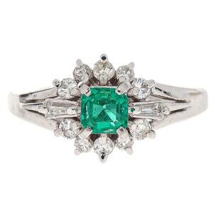 Ring Pt900 Emerald Diamond Silver #51 Jewelry 155806